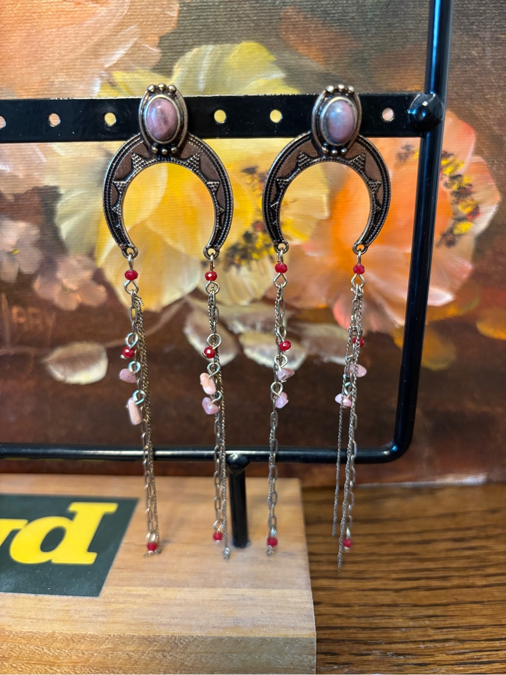 Free People Rhiannon Earrings - Boho Crescent Drops with Pink Stone Accents - Picture 2 of 3